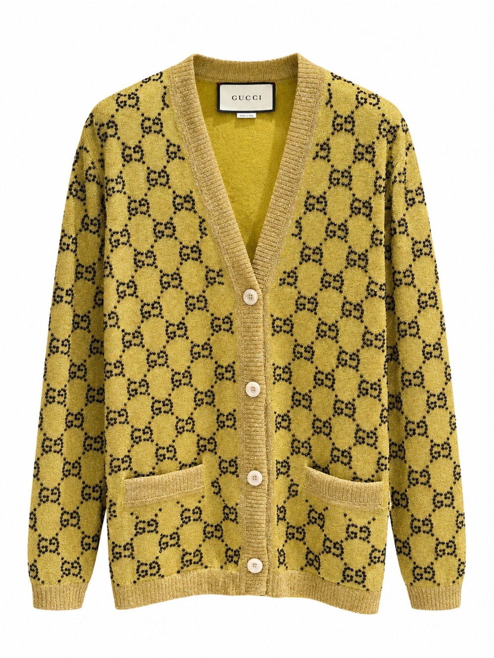 Gucci Yellow and Black GG Jacquard V-Neck Cardigan